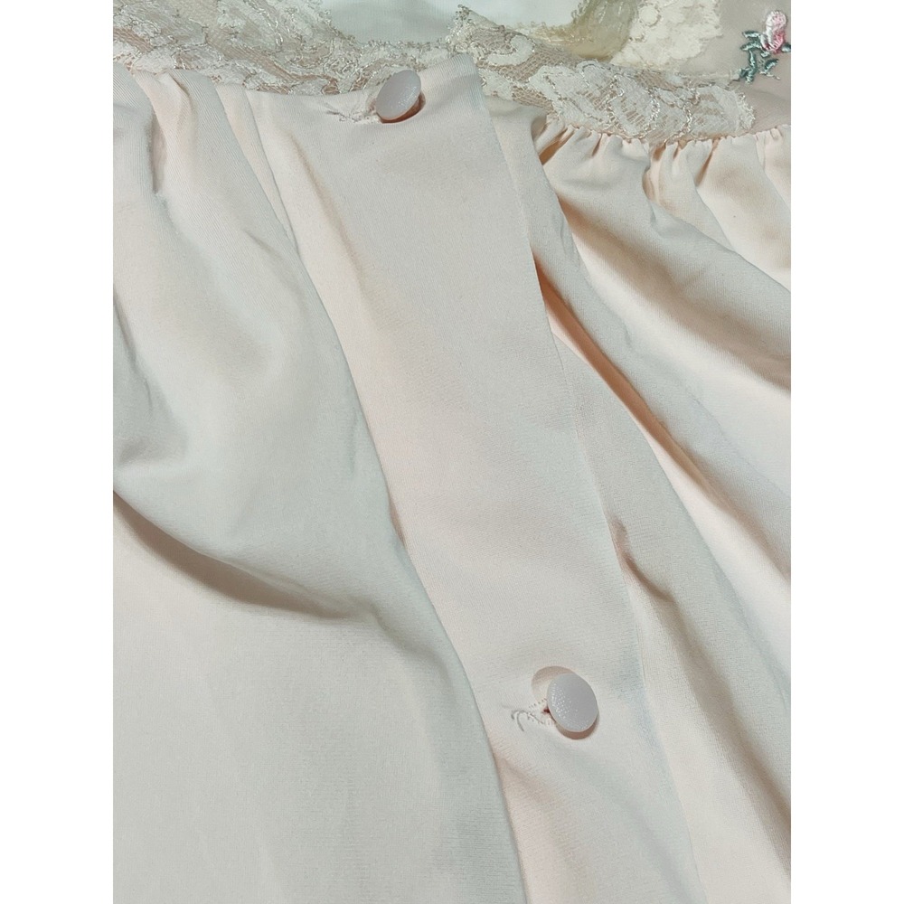 Shadowline Long Robe Pink Peach Nylon Lace Button Front Romantic VTG Size Large - Picture 6 of 11